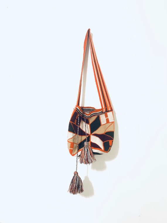 Navy Blue and Orange Drawstring Shoulder Bag with Orange Tassel