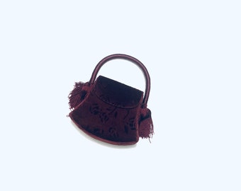 Wine red velvet tassel handbag. Vintage red fabric, top handle bag.