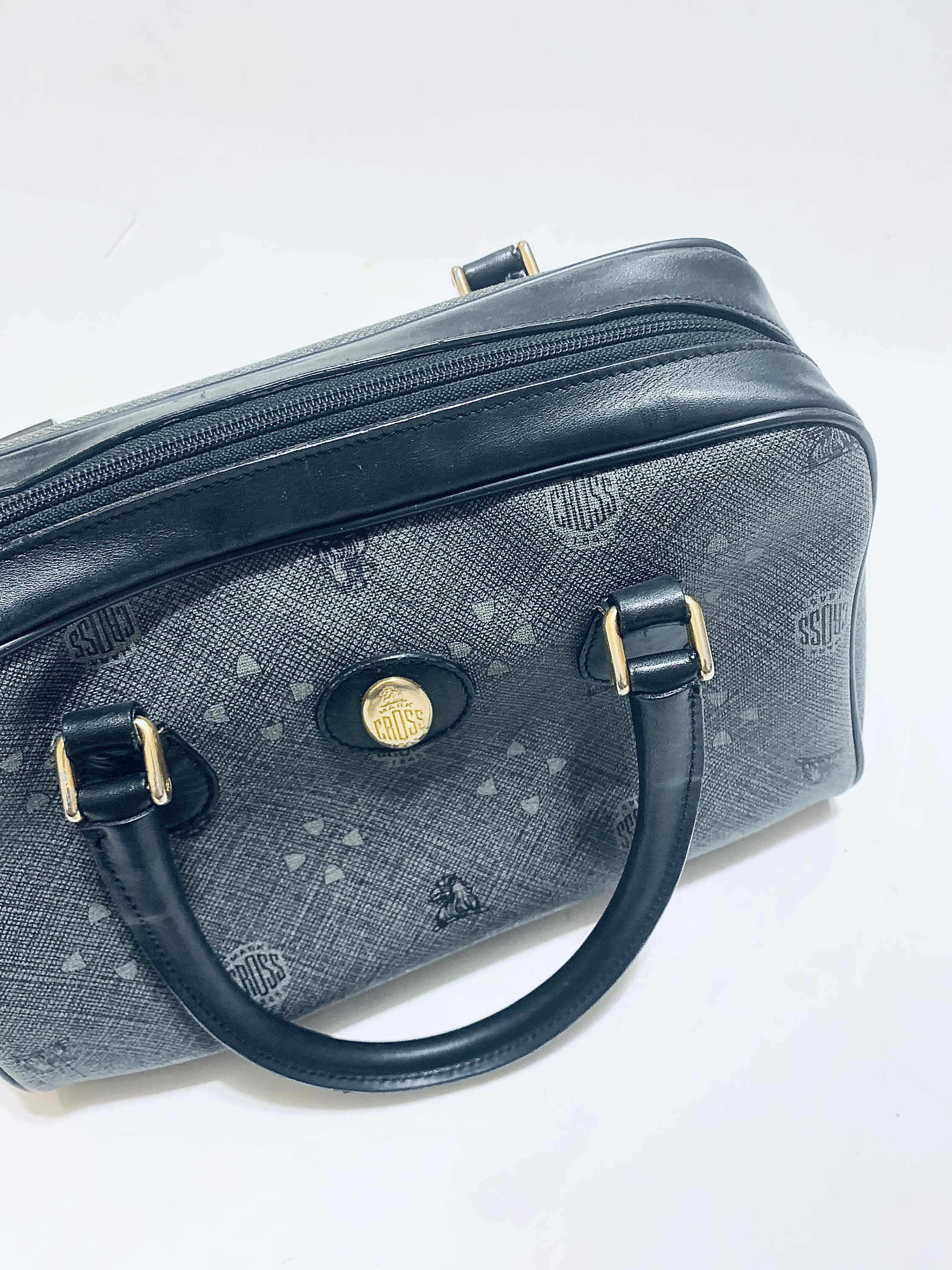 Vintage Mark Cross Logo Print Handbag: Grey Vinyl & Black Leather