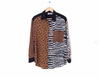 Vintage safari wildlife blouse. African animal print button down shirt top. Long sleeve, vintage polyester blouse.