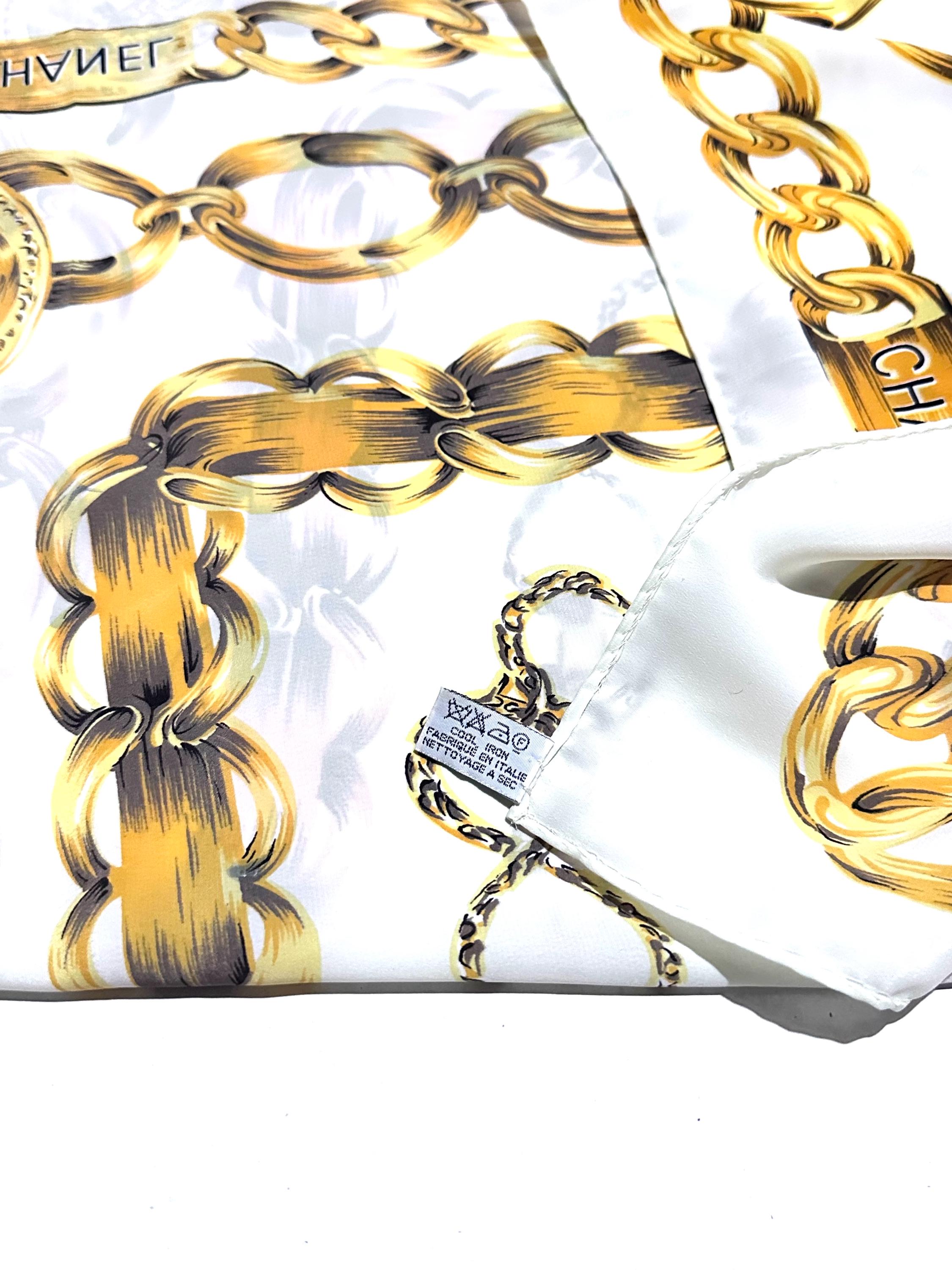 Vintage Chanel Silk Scarf, Cream White Chain Link Print, Italian