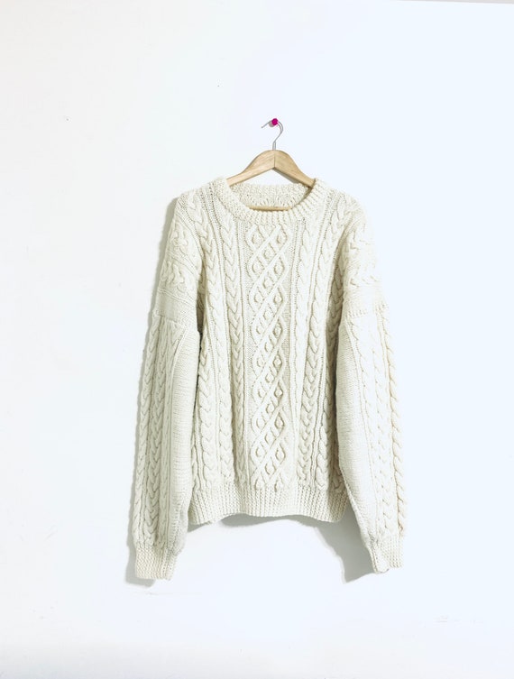 Oversized fisherman sweater. Cream wool, pom Pom s
