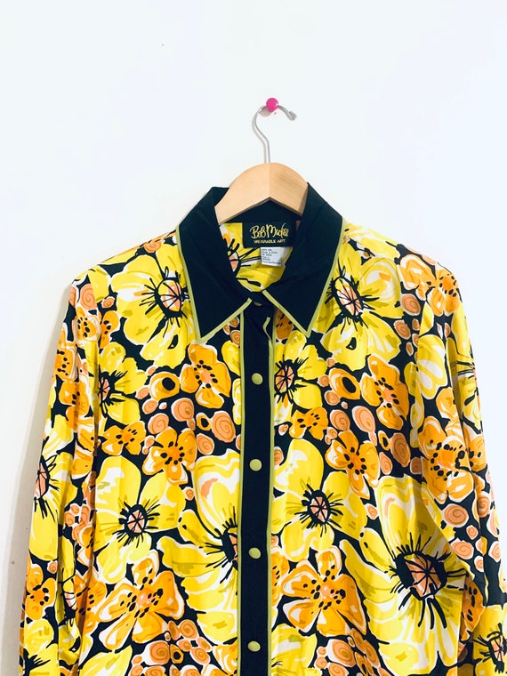 70's oversized 100% silk blouse. Yellow Watercolor