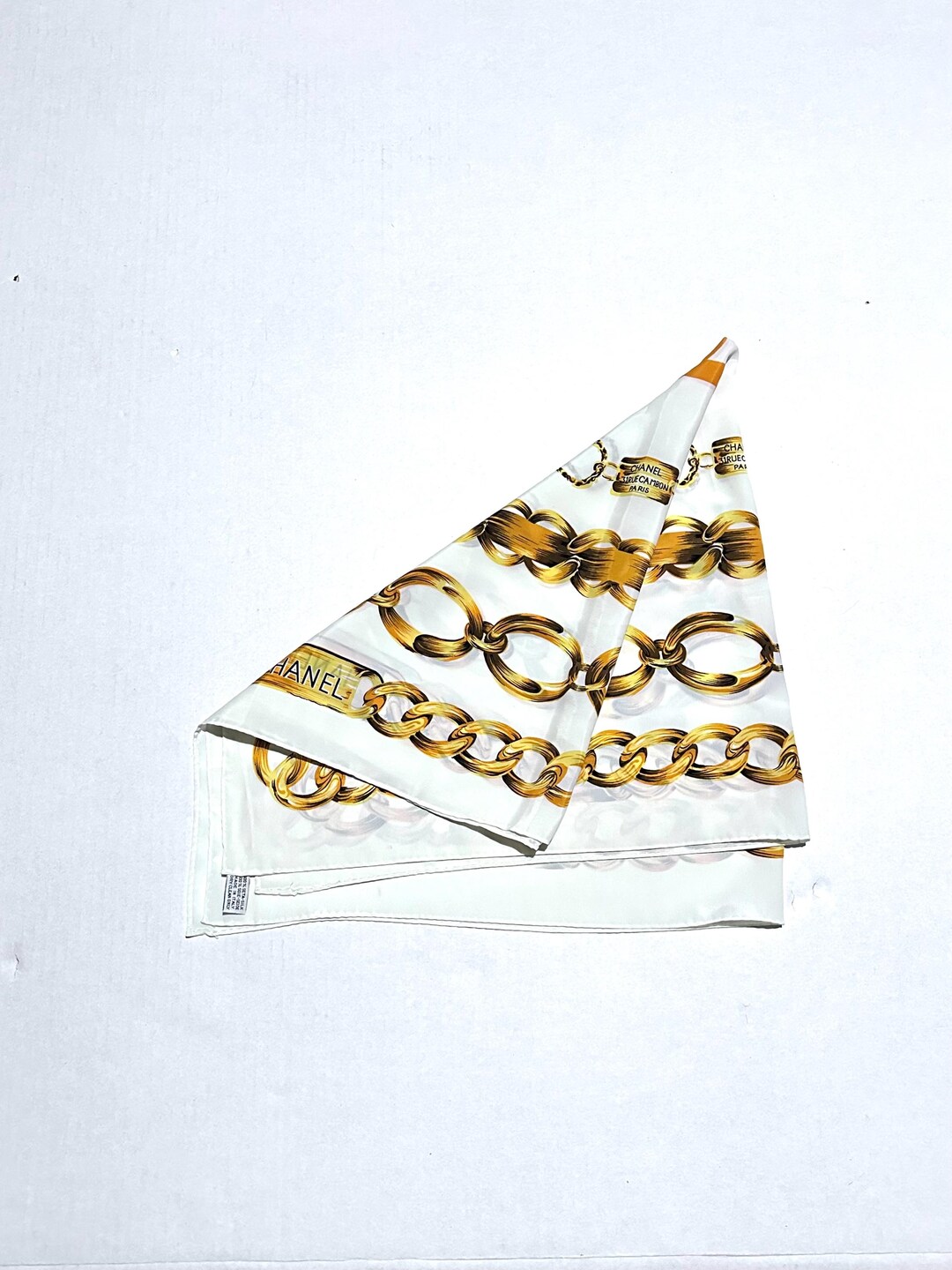 Vintage Chanel Silk Scarf, Cream White Chain Link Print, Italian