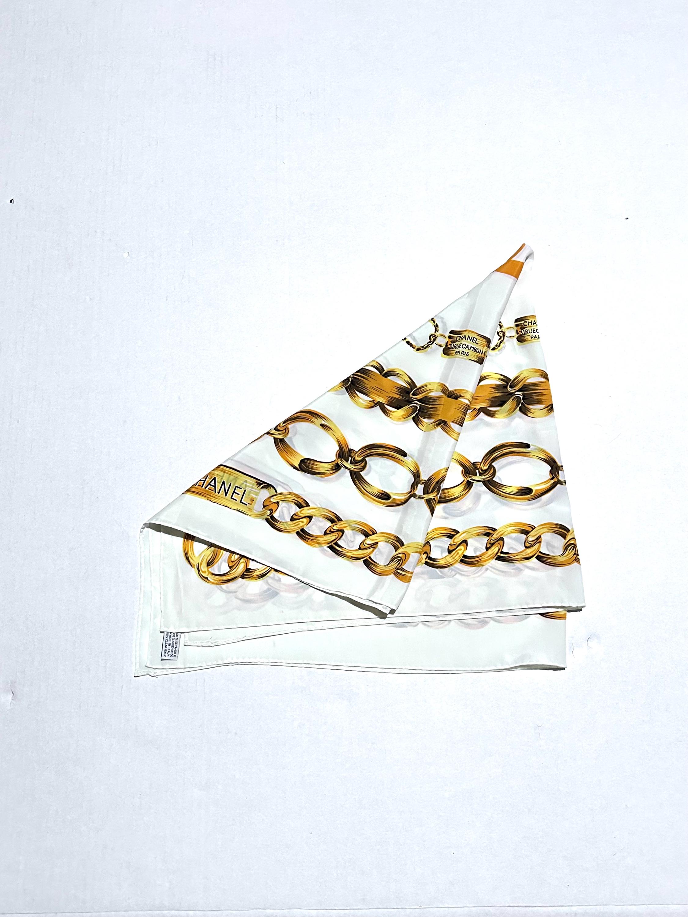 Vintage Chanel Silk Scarf, Cream White Chain Link Print, Italian