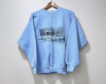 80s Blue Farmhouse Sweatshirt: Faded Vintage Cotton Crewneck
