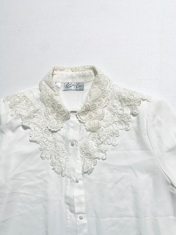 Embroidery and beaded collar, cream white blouse. 