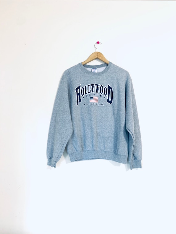 Hollywood beach Florida grey 90's sweatshirt. grey graphic print cotton pullover.