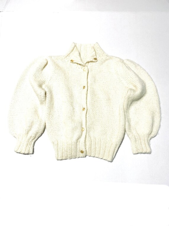 Cream fuzzy knit cardigan. Warm puff sleeve sweate