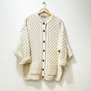 Vintage Aran Knit Cardigan: Irish Wool Fisherman Sweater, Cream, Large