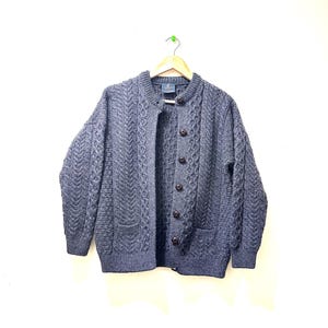Vintage Irish, Aran knit, grey Fisherman cardigan. Chunky wool sweater. Made in Ireland. Large.