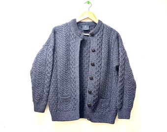 Vintage Irish, Aran knit, grey Fisherman cardigan. Chunky wool sweater. Made in Ireland. Large.