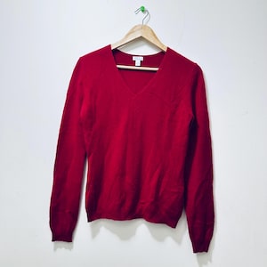 Vintage Red Cashmere Sweater: Lightweight V-Neck, Size M