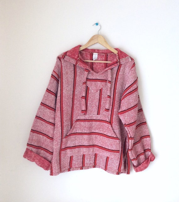 Vintage Mexican Baja hoodie. Red stripped hoodie.