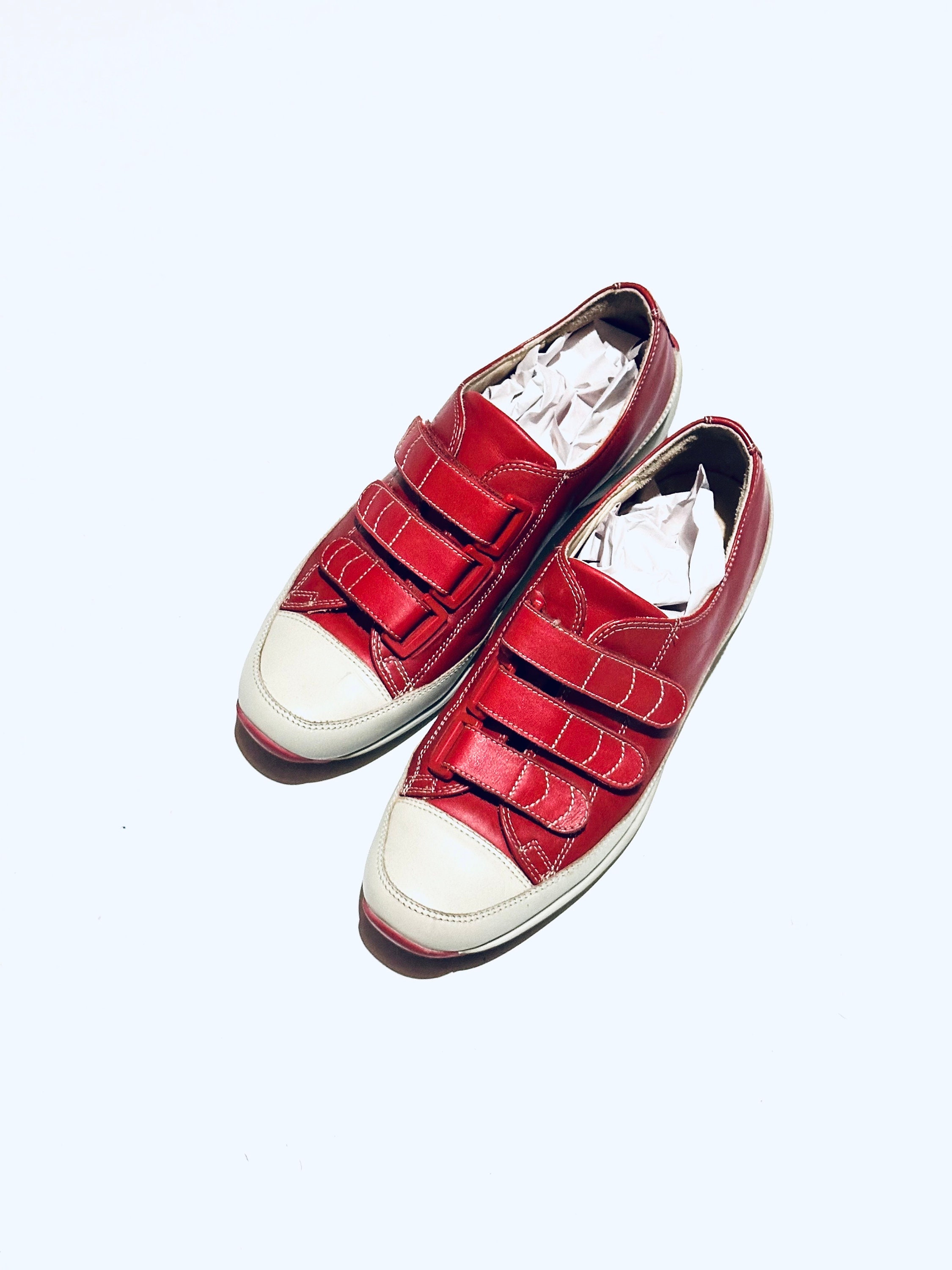 【BAON】Tauca Velcro Strap Sneakers Red All Leather Womens Sneakers. Velcro Strap Sneakers. US