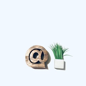Puede incluir: Un símbolo de arroba de madera con un borde redondeado y una pequeña planta en maceta con hojas verdes.