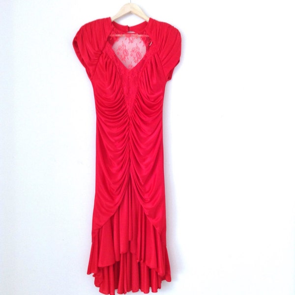 80s scarlet red dress. vtg showback evening gown