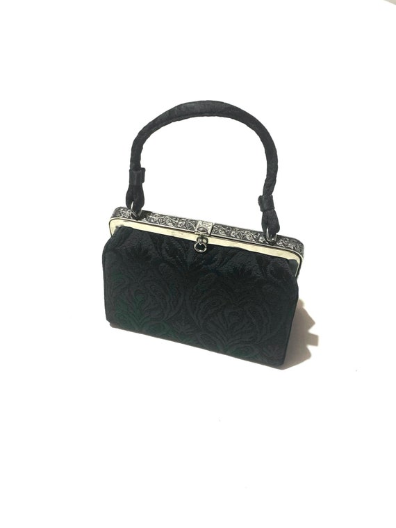 1950s black brocade handbag. Structured top handl… - image 1