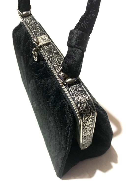 1950s black brocade handbag. Structured top handl… - image 6
