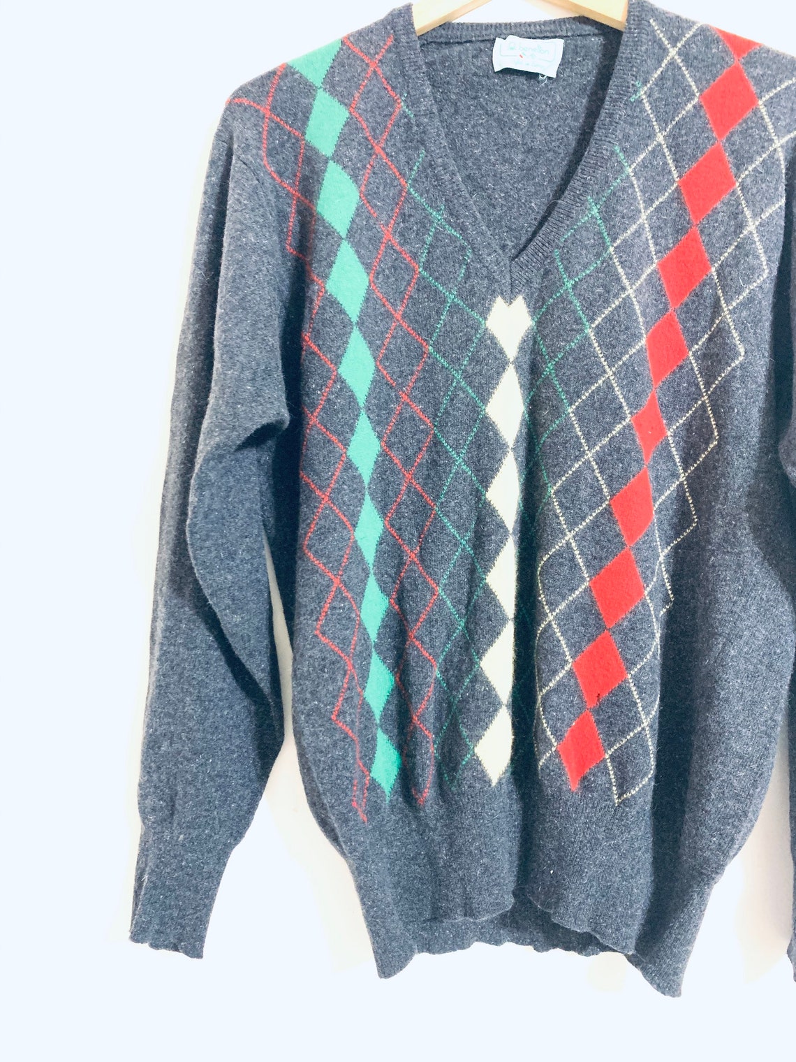 Vintage Argyle Knit Benetton Sweater. Grey Wool and Angora Pullover ...