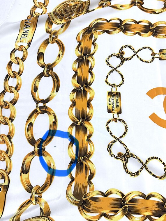 Vintage Chanel Silk Scarf, Cream White Chain Link Print, Italian