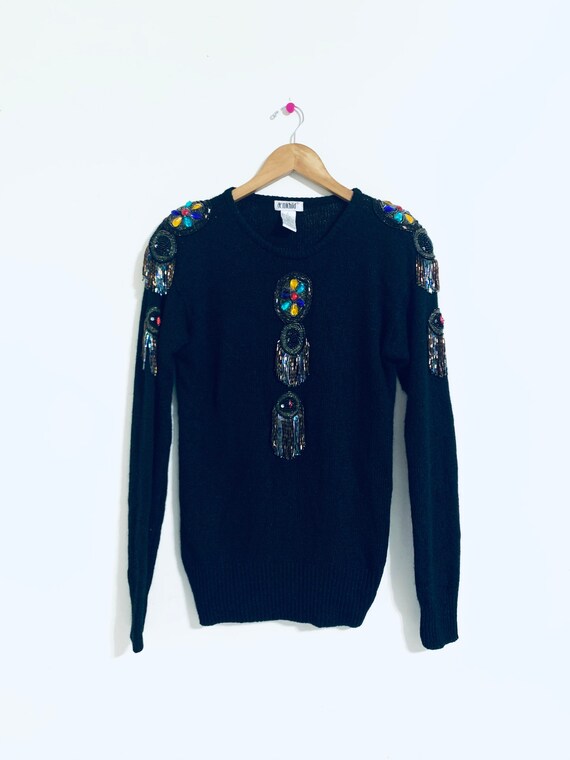 Black sweater beaded soft warm, angora pullover/sw