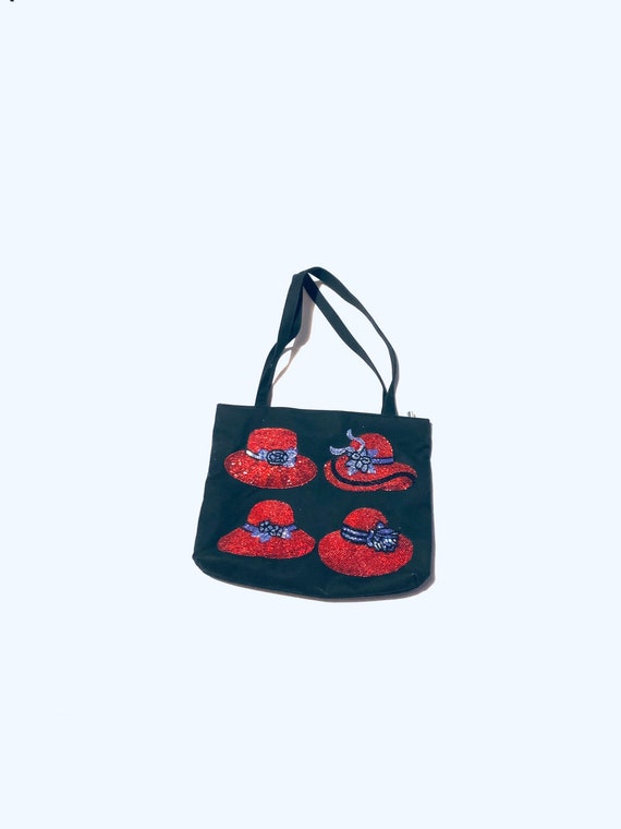 Embroidered black mini tote bag/ Red beaded zipper