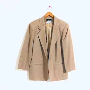 90s Wool Blazer: Vintage Tan Single Button Jacket (Size Large)