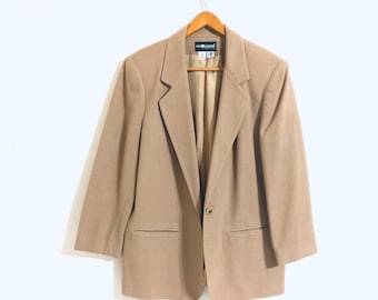 90s Wool Blazer: Vintage Tan Single Button Jacket (Size Large)