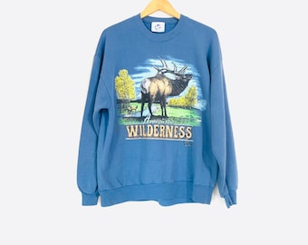 Sudadera vintage de ciervo de los años 90: jersey azul tormenta con estampado de vida silvestre