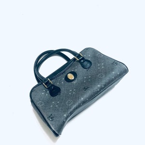 Vintage Mark Cross Logo Print Handbag: Grey Vinyl & Black Leather