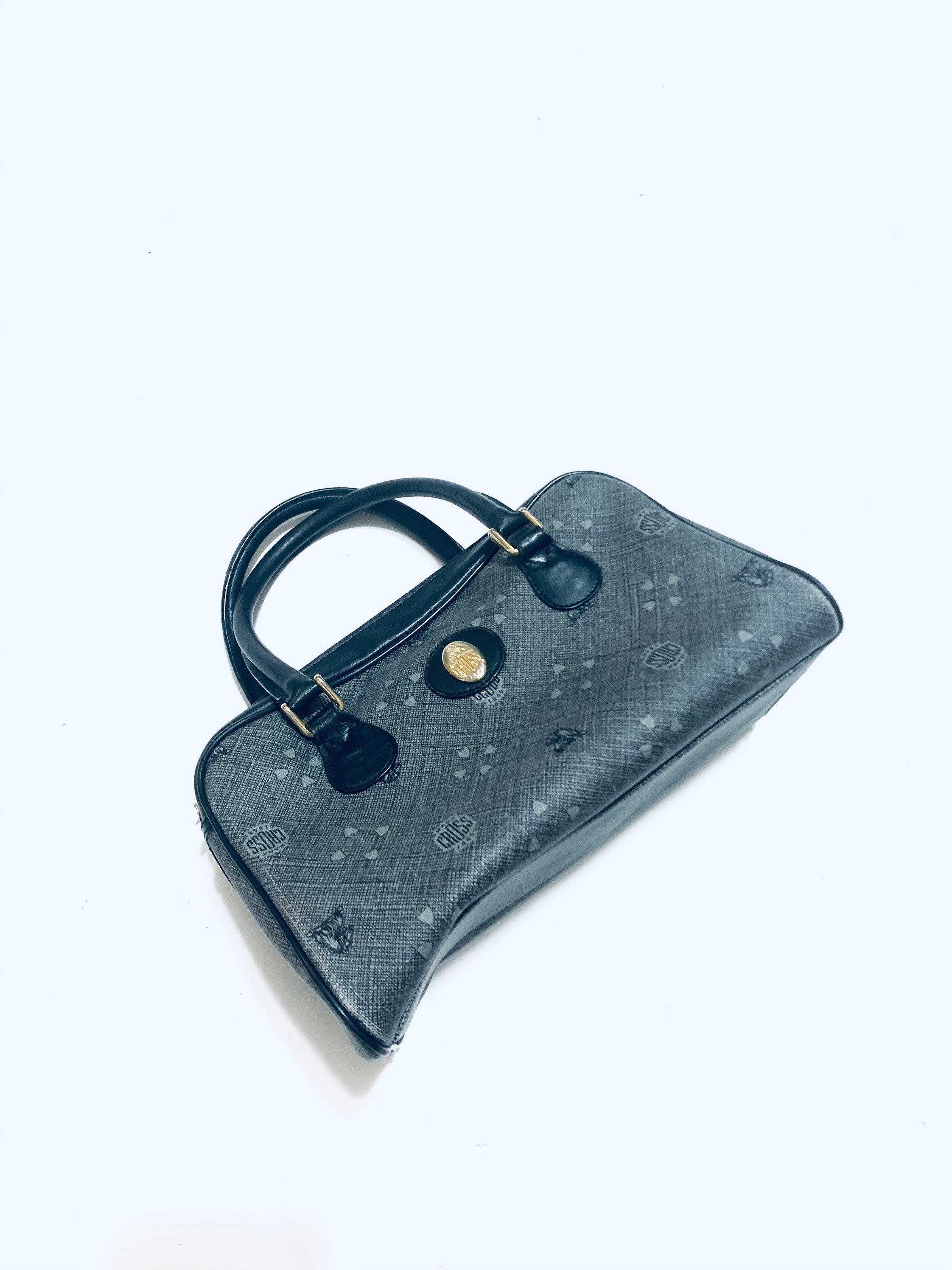 Mark cross 1845 grey vinyl and black leather trim logo print