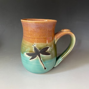 Handmade pottery mug. Ceramic Dragonfly 10- 12 ounce coffee cup with fast shipping.