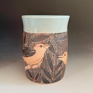 Handmade Sgraffito Bird Pottery Vase: Stoneware Spoon Jar, Hand painted Vase. Colorado Artist.