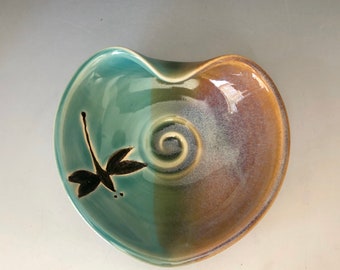 Pottery Dragonfly heart bowl jewelry dish. Heart ring dish.4.5 inches round. Candy dish. Great gift for Mom gift wrapping included.