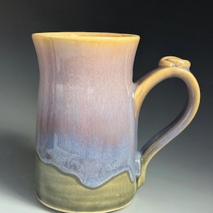 Handmade pottery Lilac and blue coffee Cup, 12 -14 ounce ceramic mug with thumb rest.Multi colored mug. Made in the U.S.A.