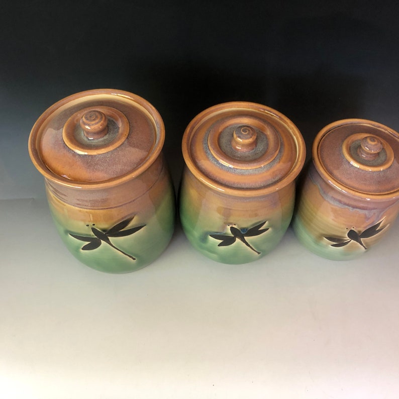 Pottery canister set,Handmade pottery set of 3 Dragonfly StorageJars. Kitchen crock set Made to Order. Choose teal on the bottom or Green. image 4