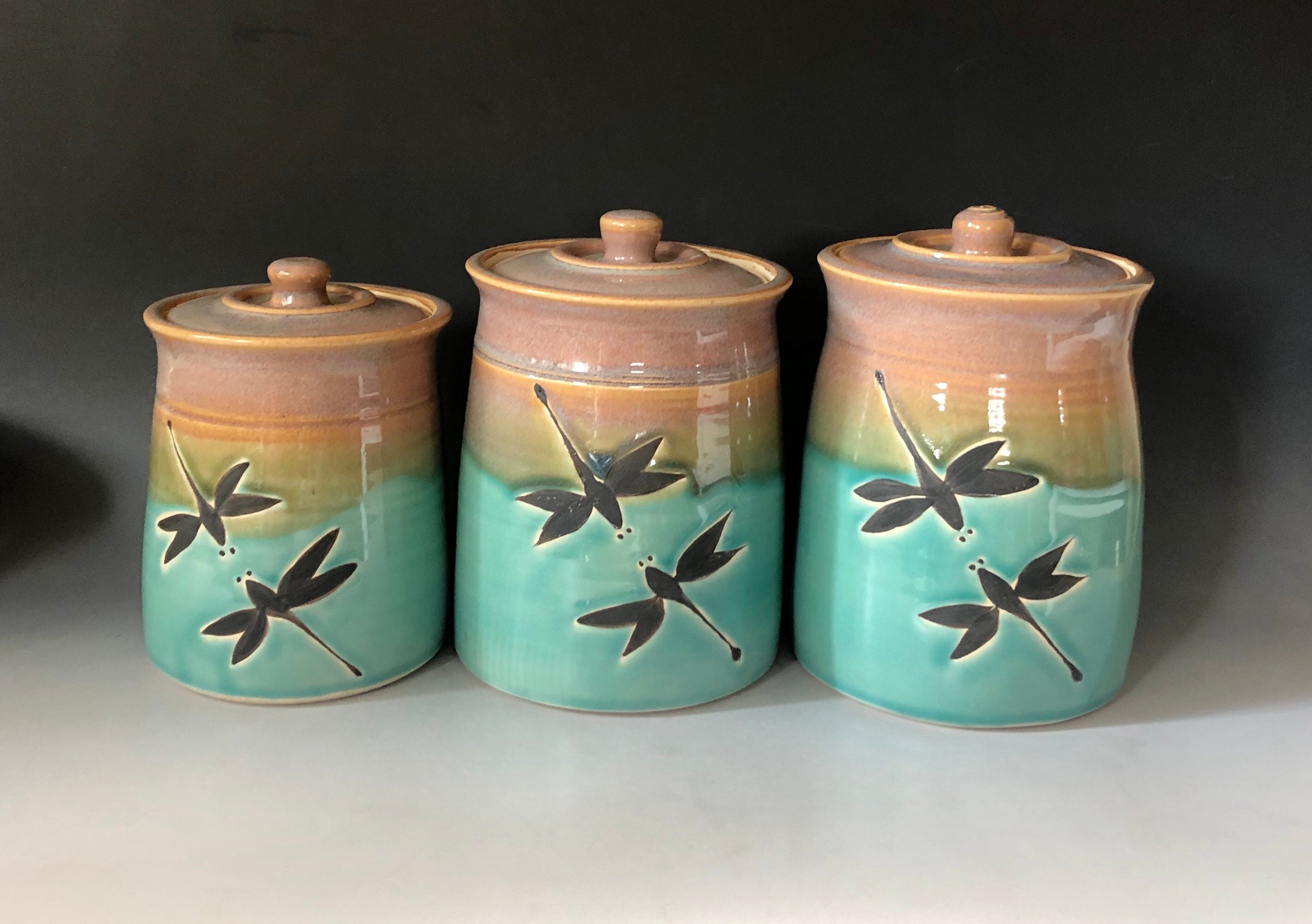 Handmade Pottery Storage Jars Set of 3 Dragonfly Canisters Etsy