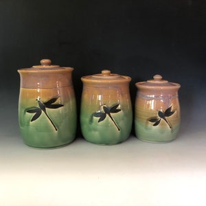 Pottery canister set,Handmade pottery set of 3 Dragonfly StorageJars. Kitchen crock set Made to Order. Choose teal on the bottom or Green. image 8