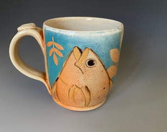 Pottery Fish Tea Bowl. Stoneware Wine Cup, Ocean lover gift. Hand Painted expresso cup. Whiskey cup.