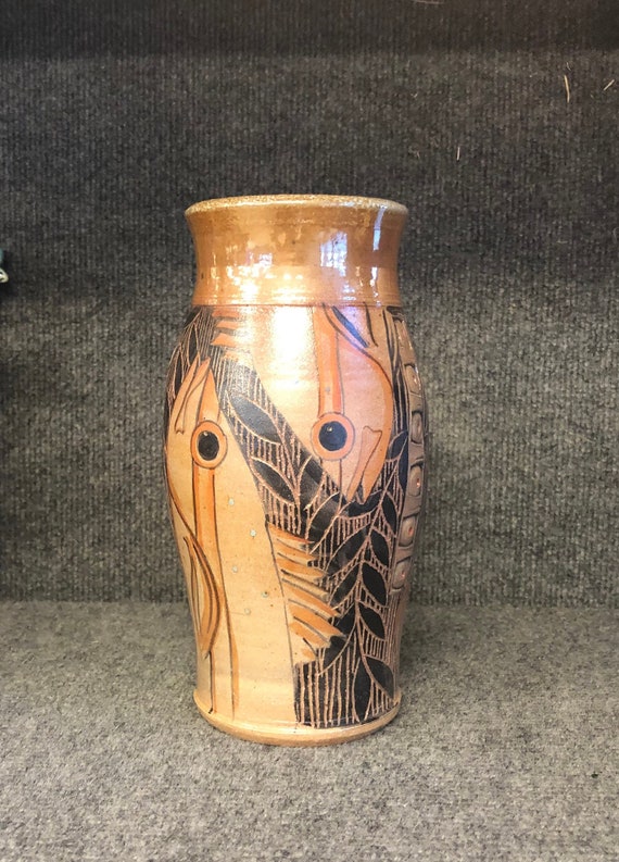 Burnt Orange Handmade Pottery Fish Vase Sgraffito Utensil Etsy
