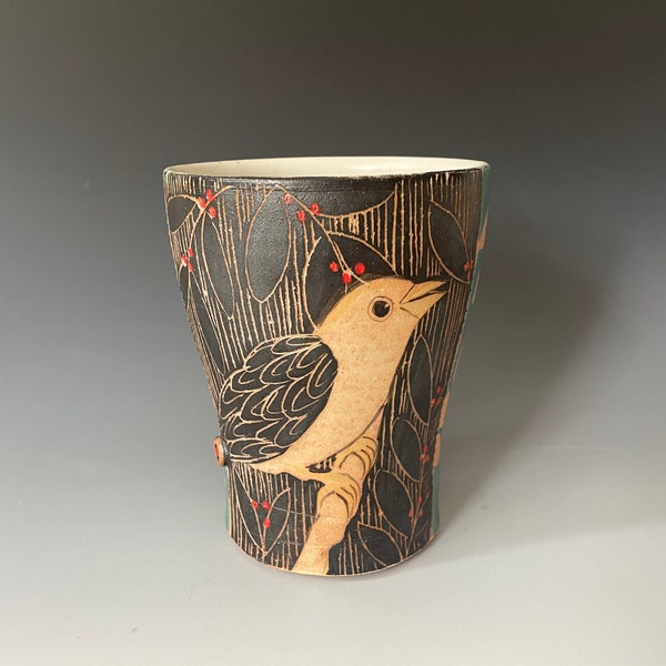 Handmade pottery Bird Vase. Ceramic Bird Cup, one of a kind ceramic vase. 5.5 tall x 4 in wide vase.