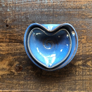 Blue pottery nesting bowls, 2 piece set ceramic heart bowls, small pottery set of dishes.