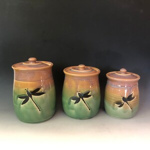 Pottery canister set,Handmade pottery set of 3 Dragonfly StorageJars. Kitchen crock set Made to Order. Choose teal on the bottom or Green. image 7