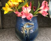 Unique Pottery Blue Vase or Utility Jar. Ceramic Vase with Flower Decoration. One of a kind Blue Calla Lilly Vase.