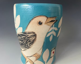 Pottery cup. Bird drinking cup. Ceramic water tumbler. One of a kind ceramic vase. Handmade pottery cup.