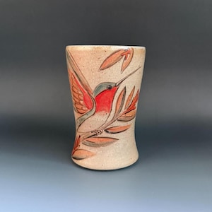 Handmade Pottery Coffee Cup: Humming Bird Design,Soda Fired. Tumbler Water cup. Hand drawn Ice tea tumbler. Small vase.