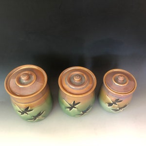 Pottery canister set,Handmade pottery set of 3 Dragonfly StorageJars. Kitchen crock set Made to Order. Choose teal on the bottom or Green. image 6