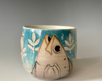 Pottery Cup, Fish Tea Bowl. Stoneware Wine Cup, Ocean lover gift. Hand Painted Cup. 8 ounce cup
