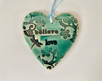 Handmade Pottery Ornament, Heart Wall Hanging. Turquoise wall hanging. Valentine gift.